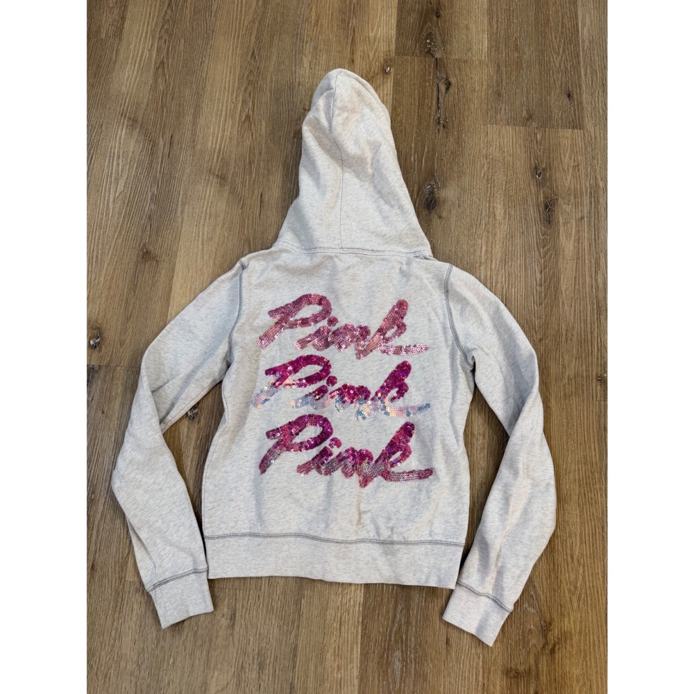 PINK Y2K Zip Up Hoodie Women S Gray Sequin Dog Logo Fleece Sweatshirt